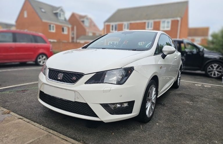 Seat Ibiza FR car detailing Peterborough Clean white Seat Ibiza FR after professional car detailing in Peterborough.